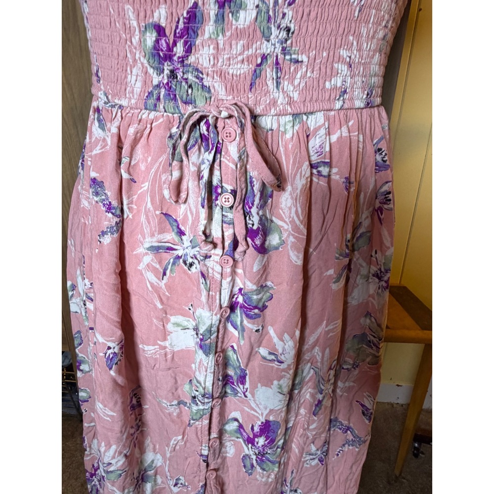 K298. Cottagecore Boho Smocked Midi Dress Button Front High Low Tulip Hem - Picture 3 of 6